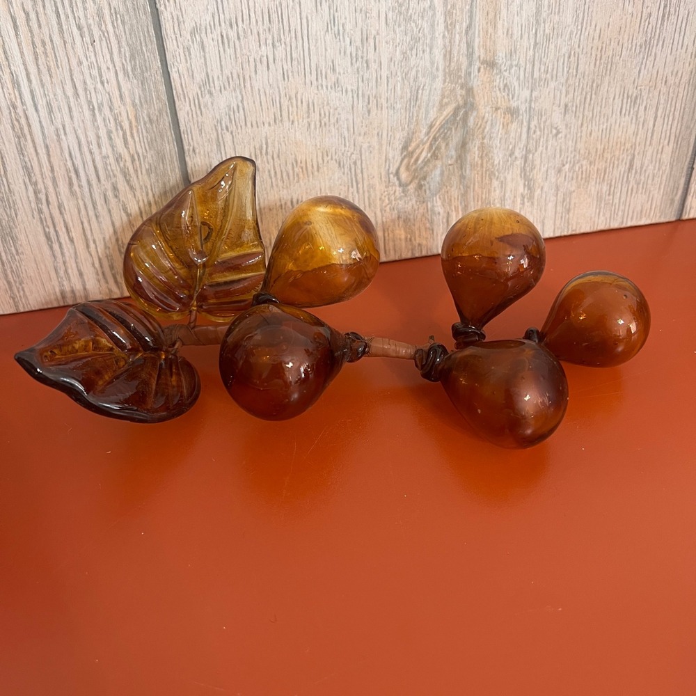 Vintage Hand Blown Amber Glass Fruit Cluster with Leaves Brown Stem 8 Inch